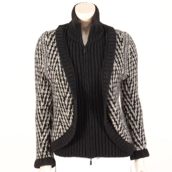 Chanel Black White Knit Zip-up Cardigan Sweater Size 42